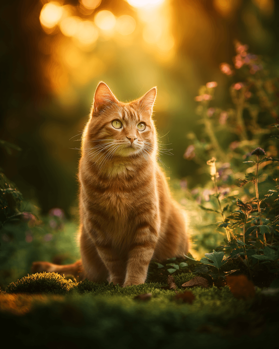 Midjourney result from a basic prompt: a red-haired cat in a garden