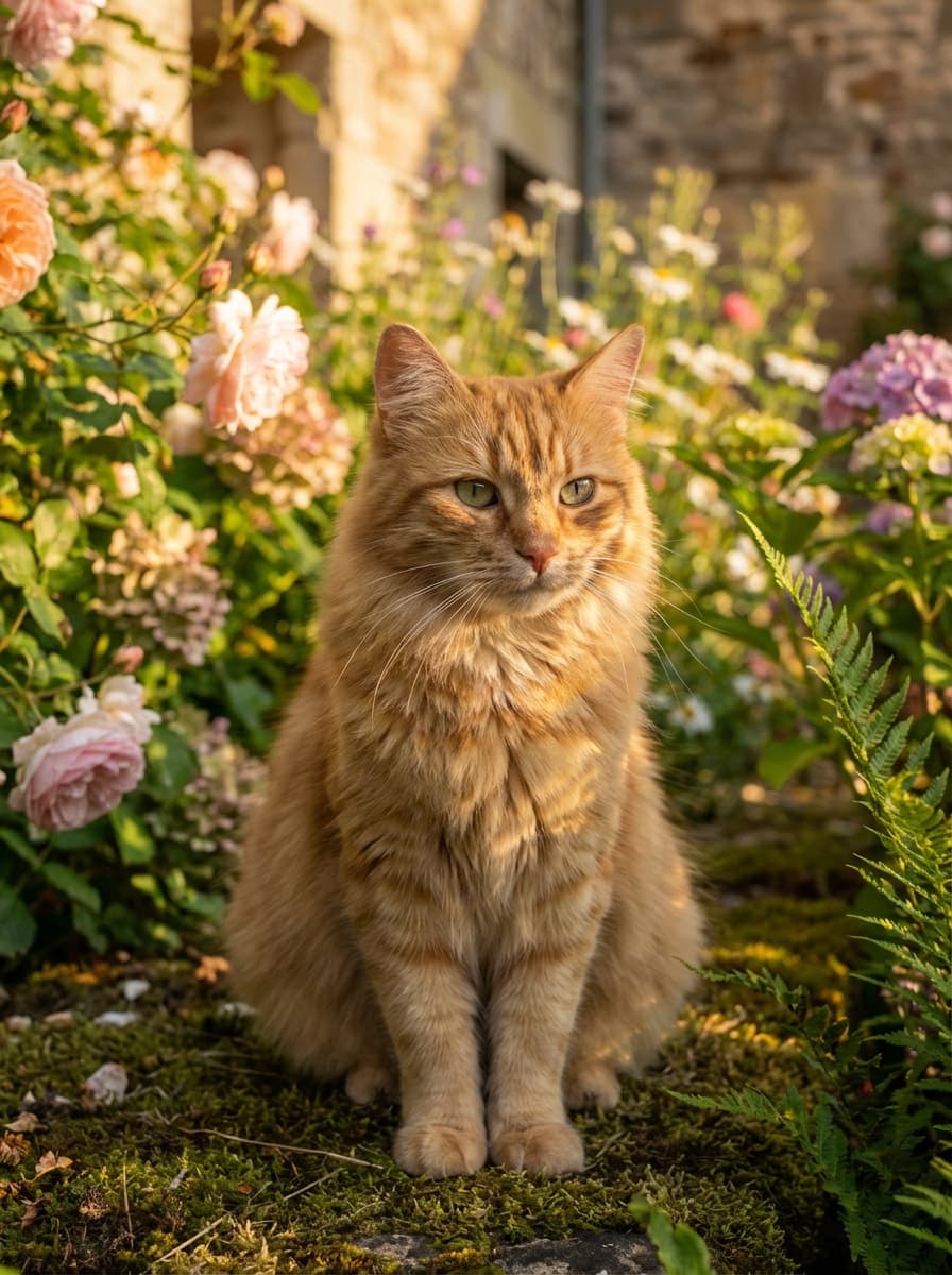 Ginger cat sitting in a garden with flowers