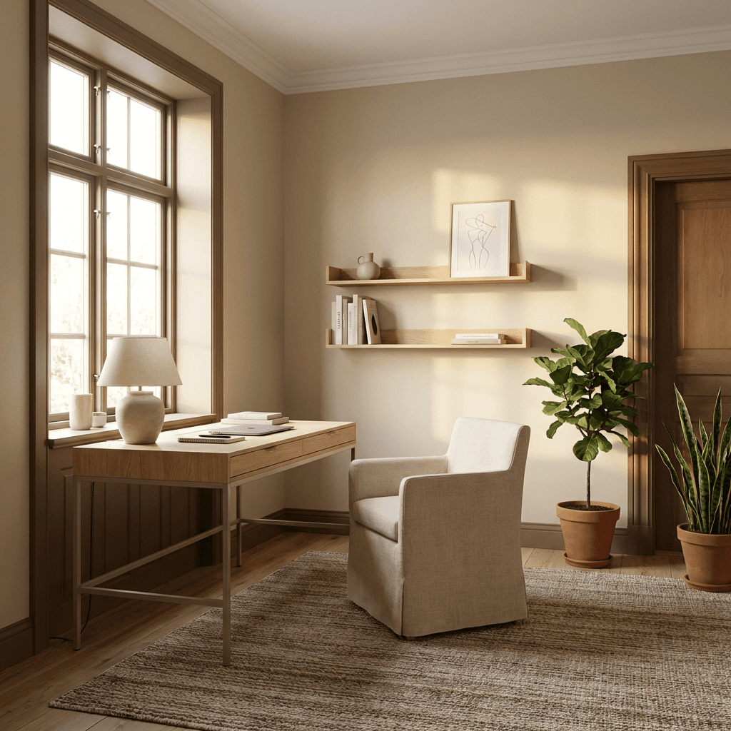 Minimalist Scandinavian office with floating shelves and plants