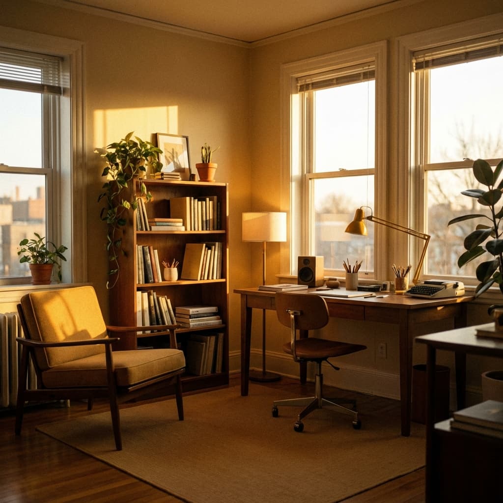 Warm golden-hour study with bookshelf and mid-century furniture