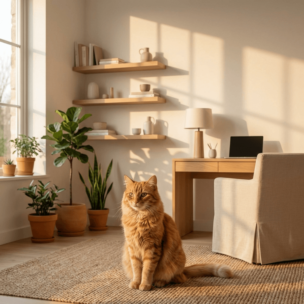 AI-generated result — ginger cat in a cozy Scandinavian room